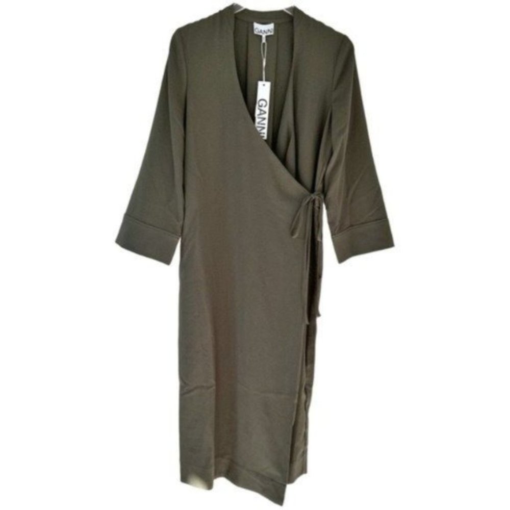 Ganni Heavy Crepe Army Green Tie Waist Wrap Midi Dress Size 36 - Picture 2 of 12